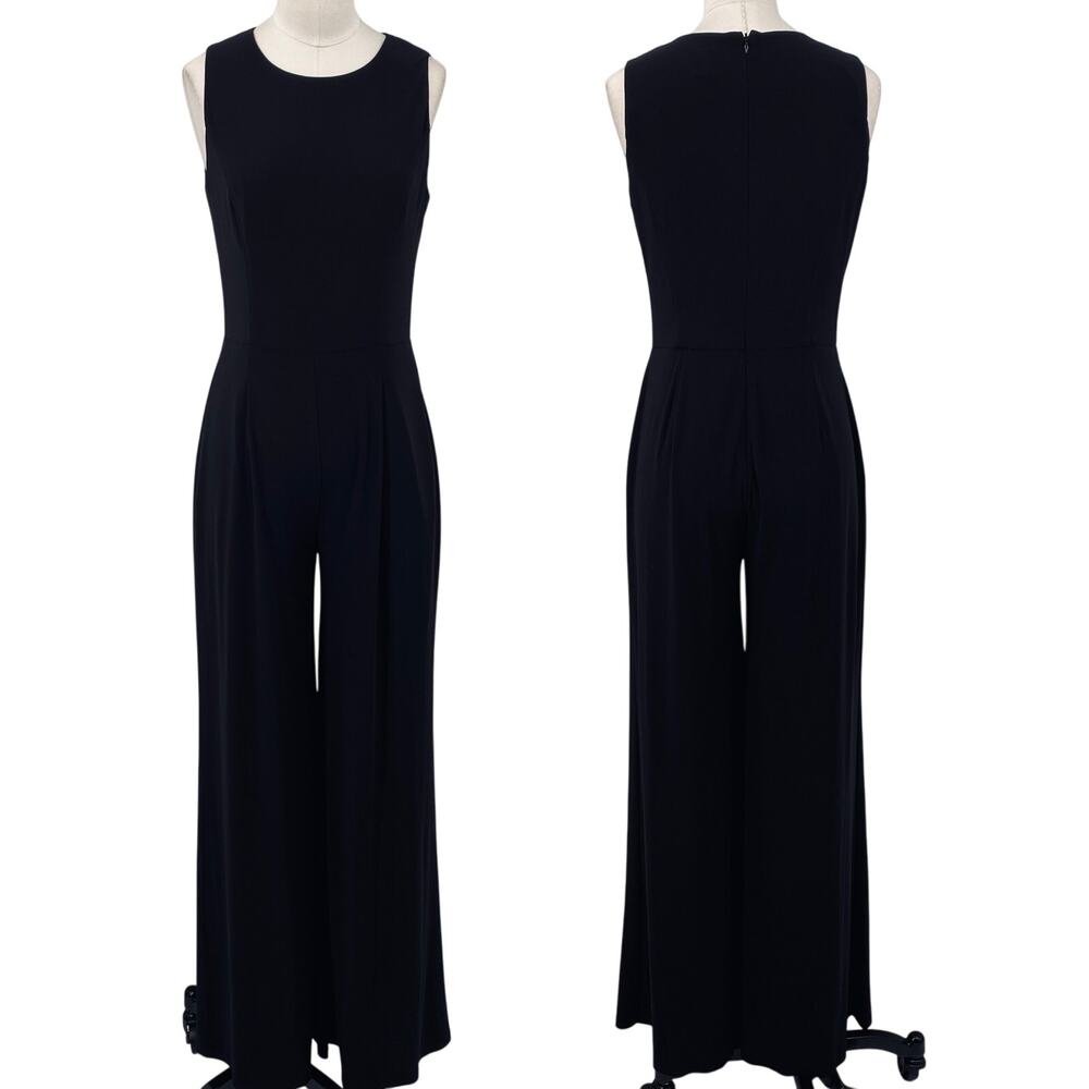 Ann Klein Wide Leg Stretchy Knit Jumpsuit Sleeveless Fitted Waist Black 4